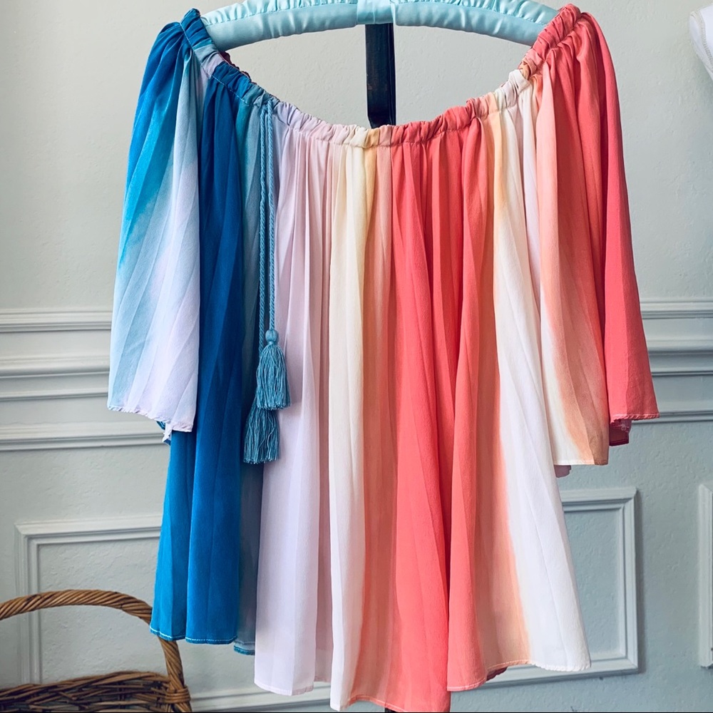 ECRU RAINBOW SILK TUNIC TOP WITH TUSSLES - Picture 3 of 16